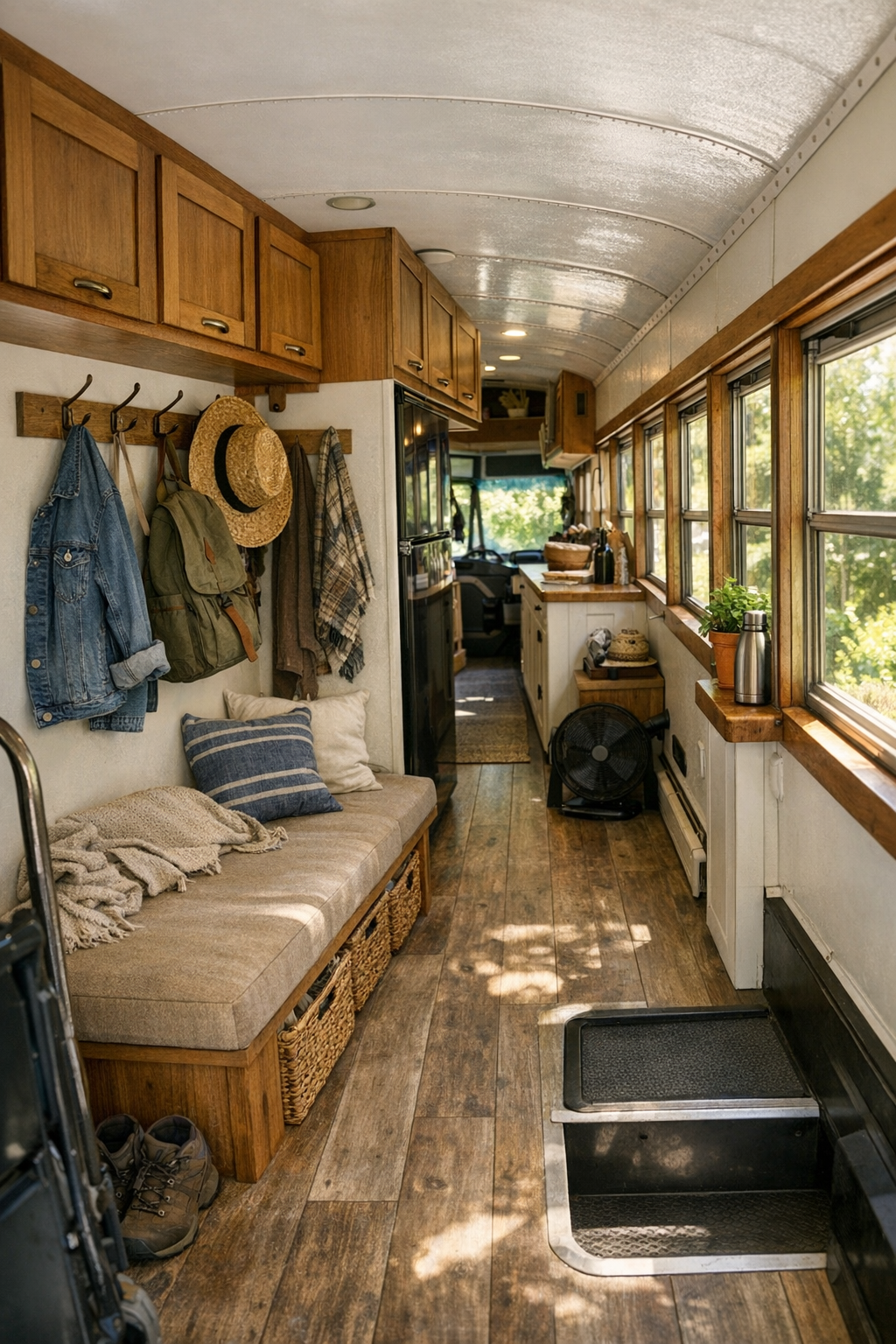 Thoughtful bus corridor and entry area with storage, hooks, and warm natural finishes