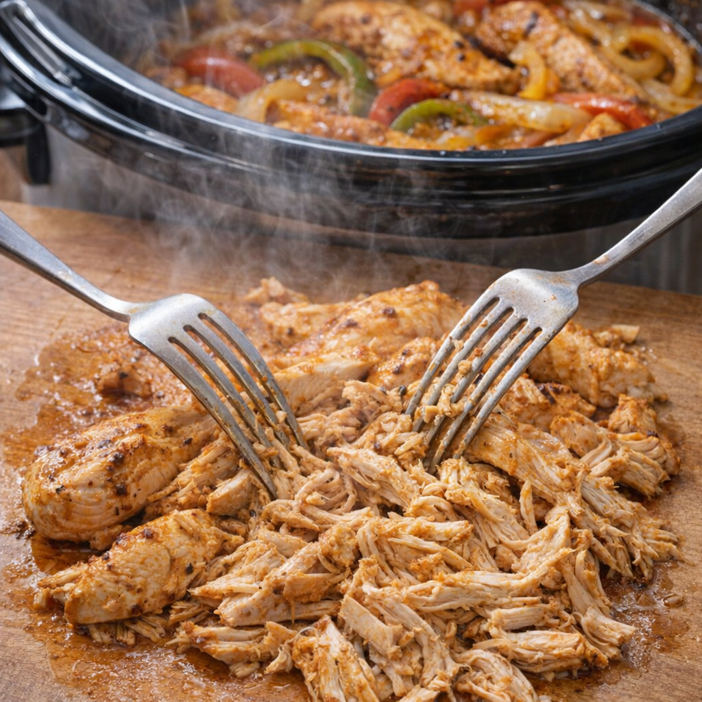 Cooked chicken fajita filling being shredded with forks