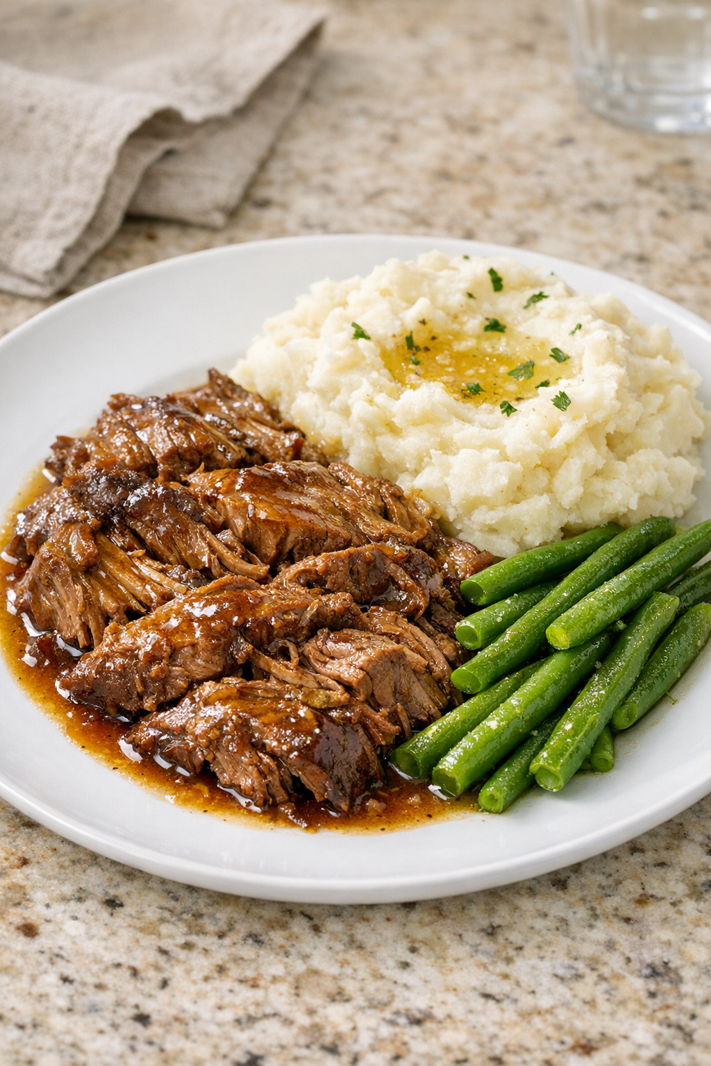 Finished Amish honey beef plated with cooking juices