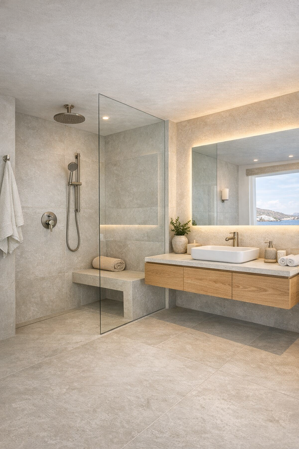 Spa-like accessible bathroom with curbless shower and pale stone finishes