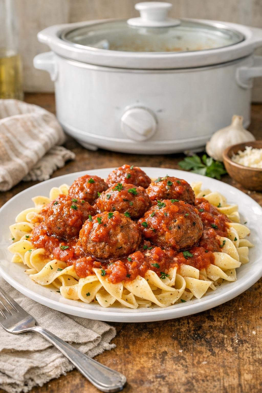 Finished meatball supper plated with noodles and sauce