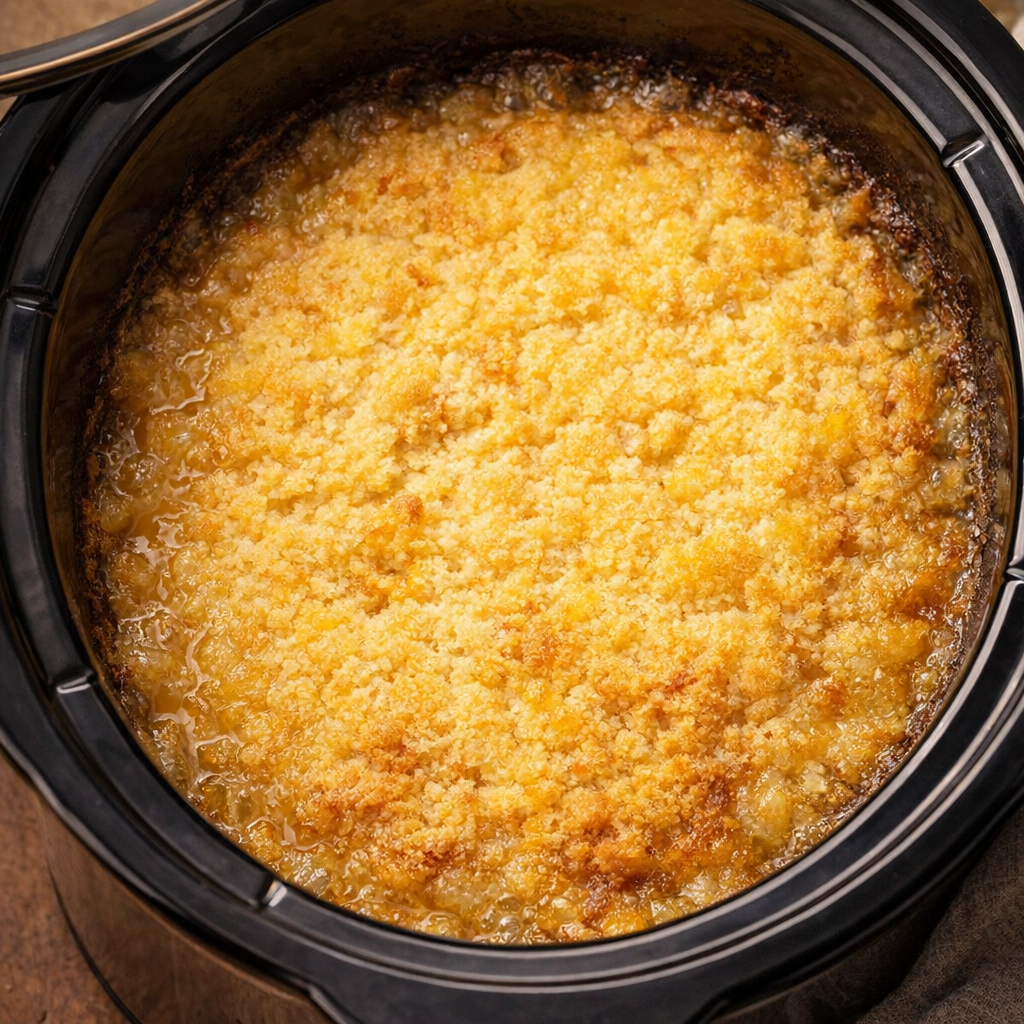 Finished sunshine dessert in the slow cooker with a golden top