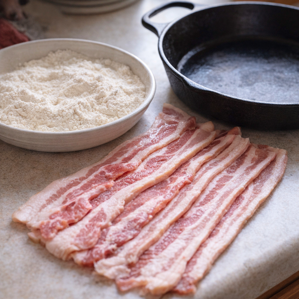 Raw bacon and flour set out for a kitchen experiment