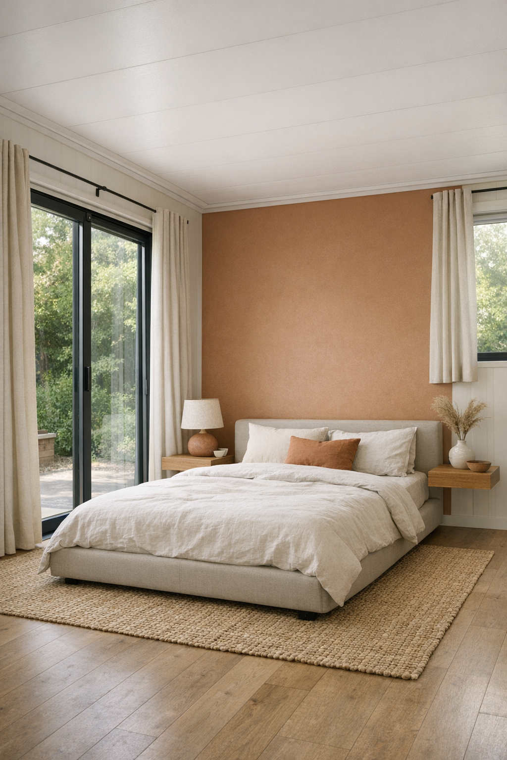 Calm bedroom with linen textures and warm clay tones