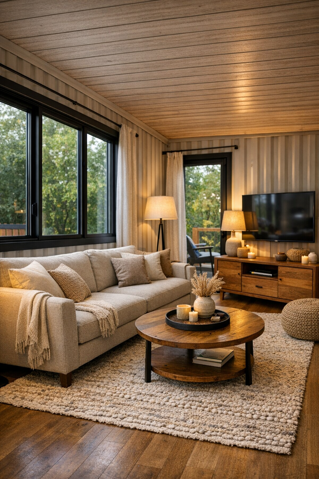 Warm modern living room with greige tones, soft sofa, wood accents, and large windows