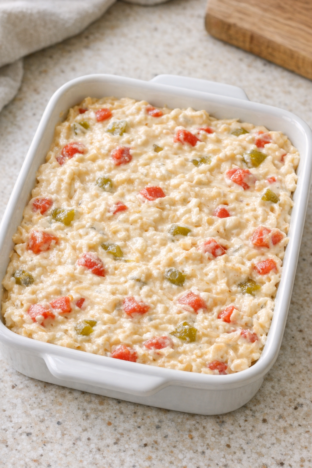 Cheese dip spread in a baking dish before baking