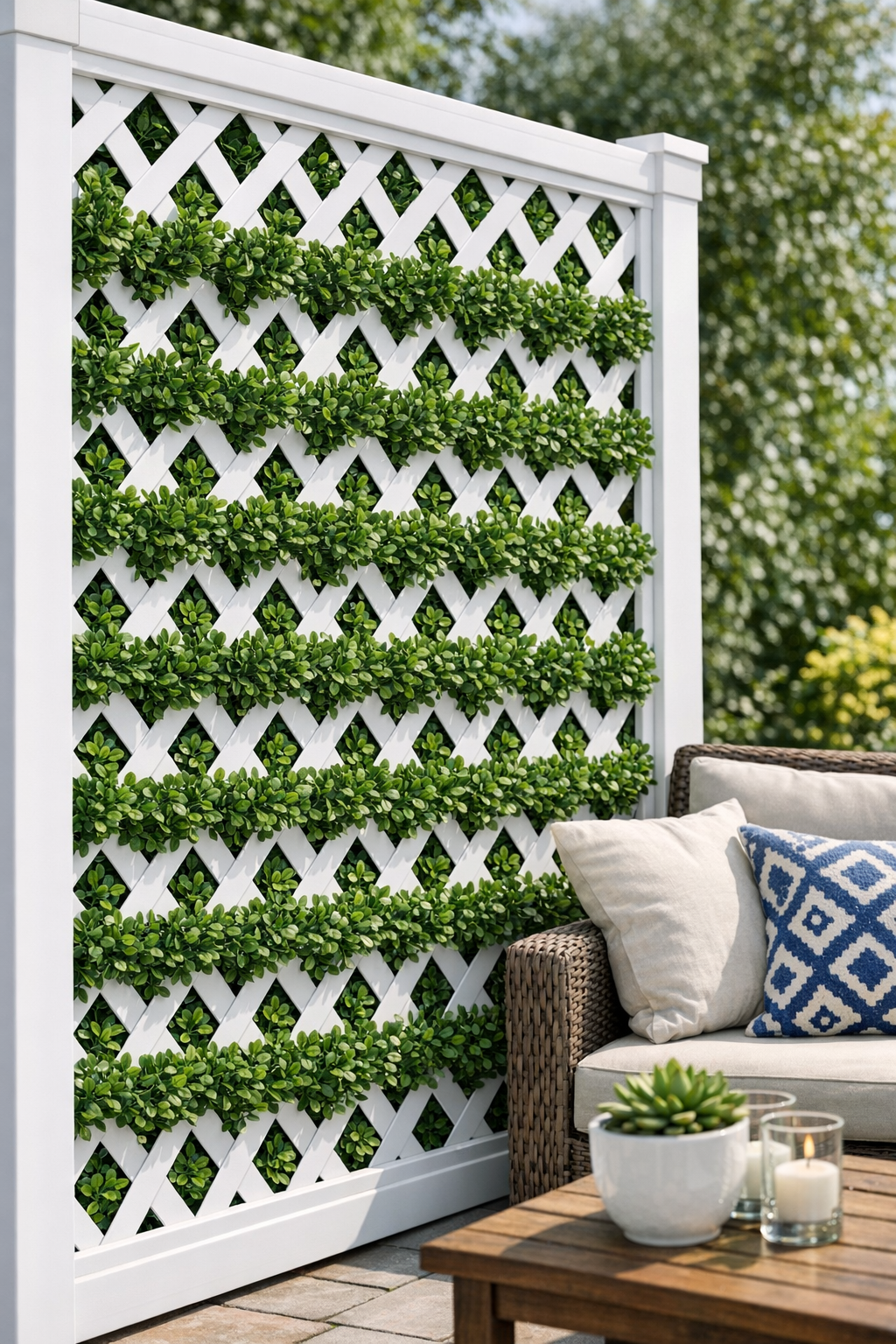 Completed patio privacy screen made from woven boxwood and white lattice
