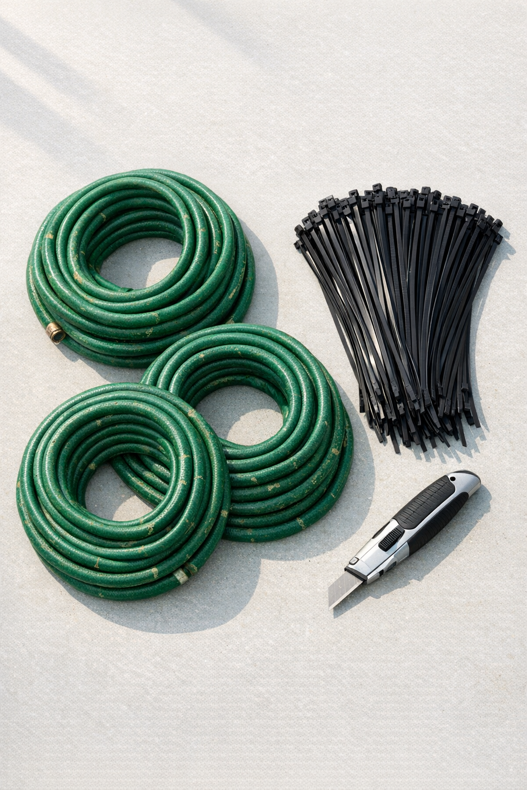 Old green garden hoses, zip ties, and a utility knife laid out for the project