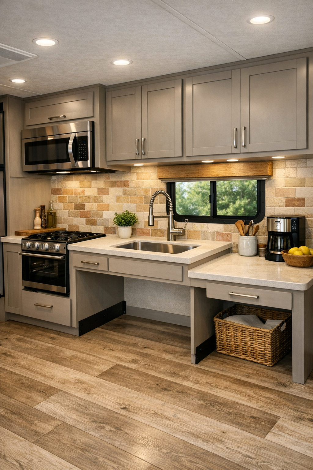 Accessible RV kitchen with mushroom cabinetry, pale counters, and handmade-look tile backsplash