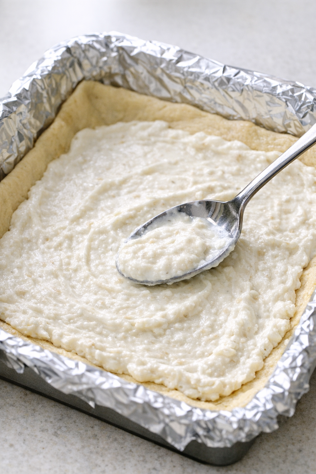 Horseradish sour cream spread over dough