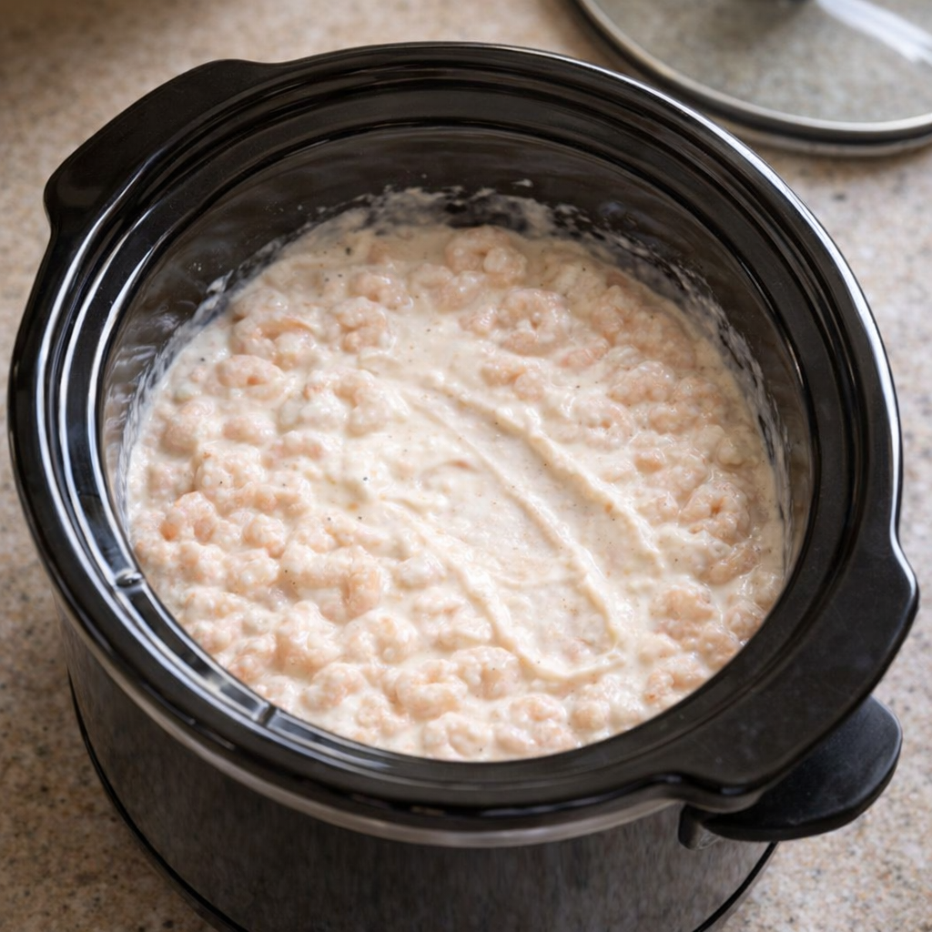 Slow cooker filled with creamy shrimp before cooking