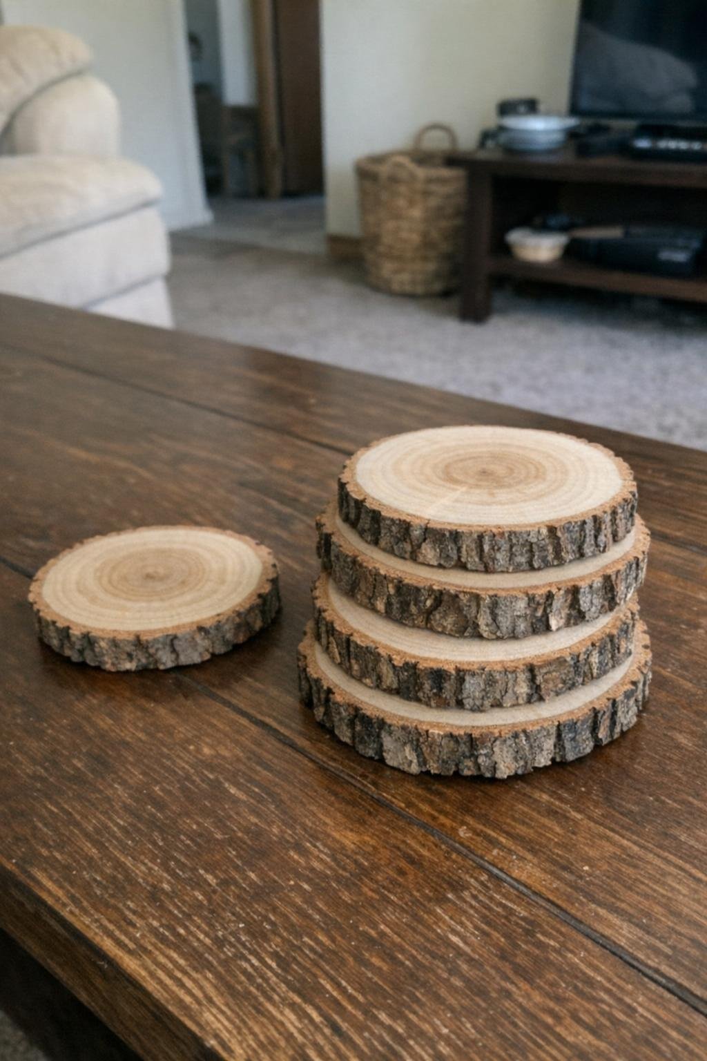 Wood-slice coasters made from a branch