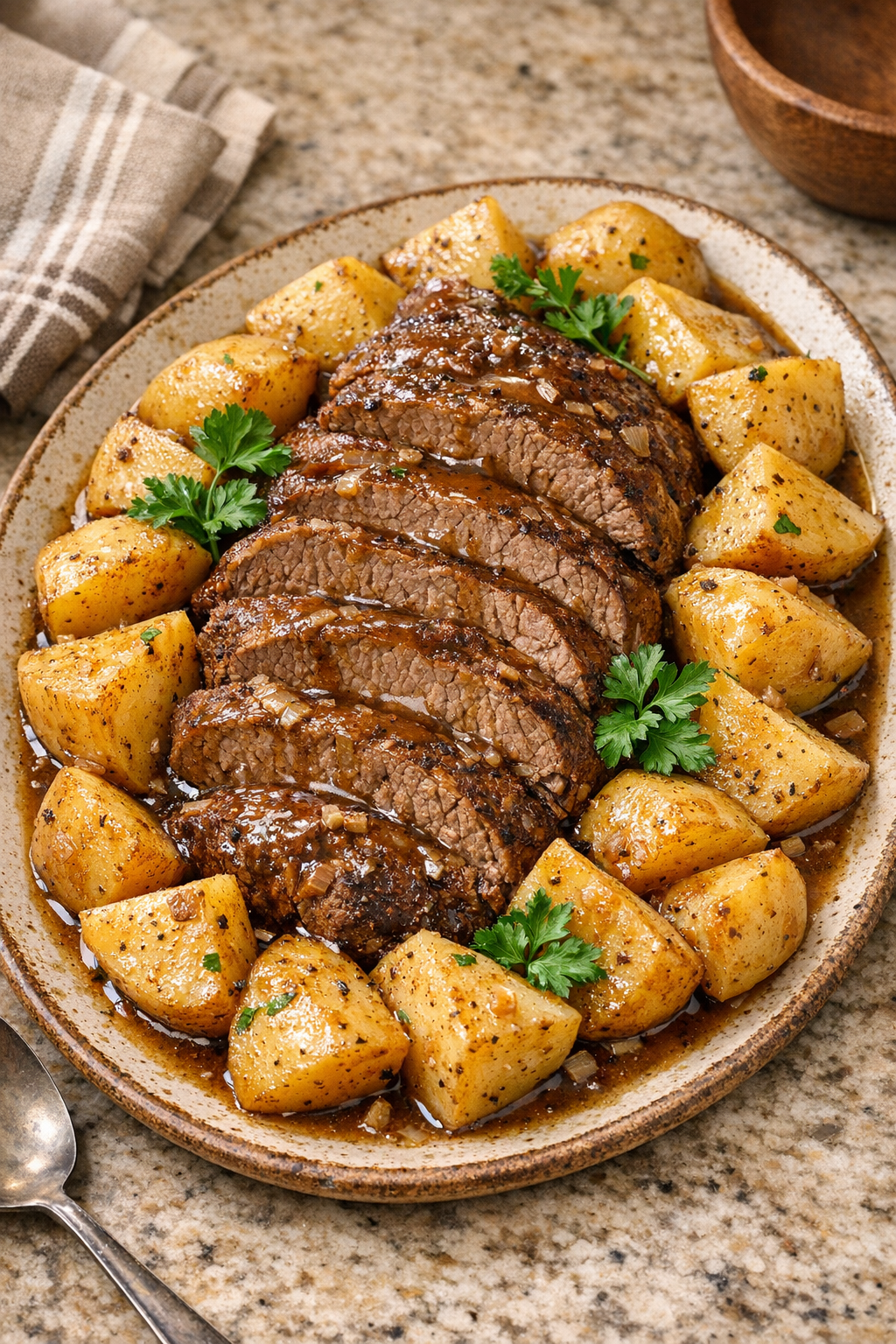 Finished Amish-style pot roast with potatoes on a platter