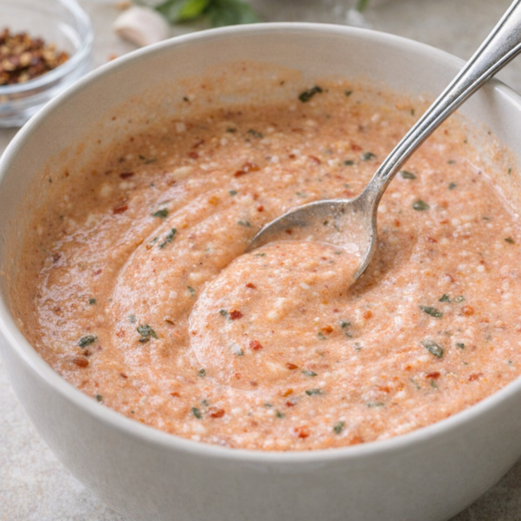 Creamy tomato sauce being stirred in a mixing bowl