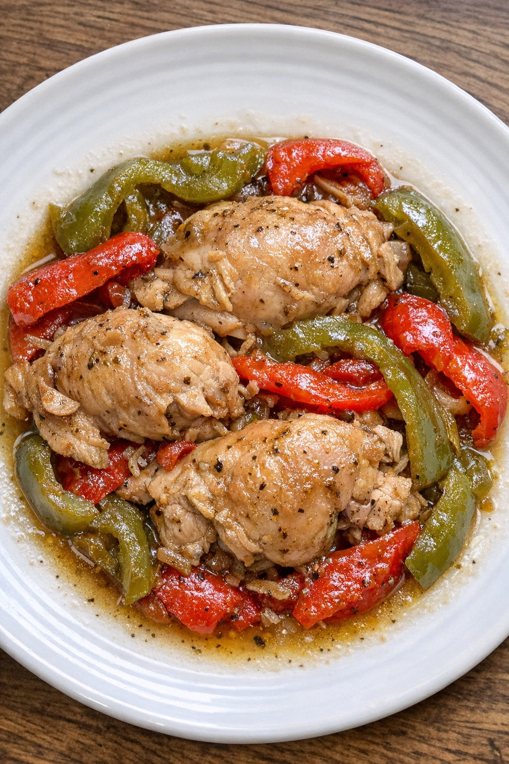 Slow cooker chicken and peppers plated on a white ceramic plate