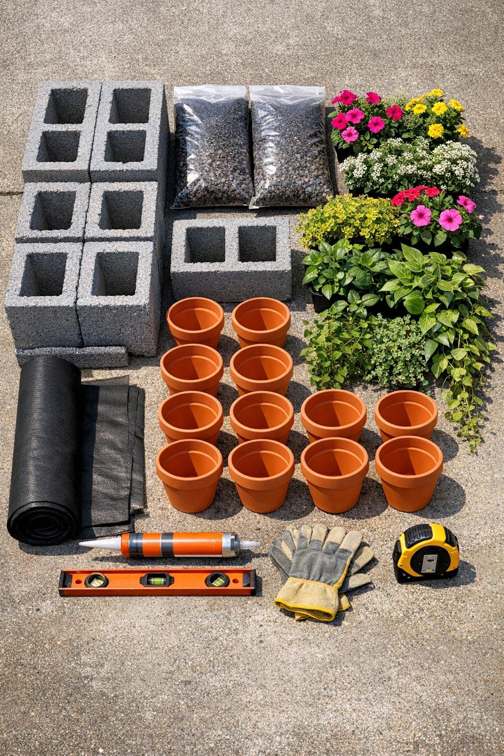 Materials for a cinder block planter wall laid out together