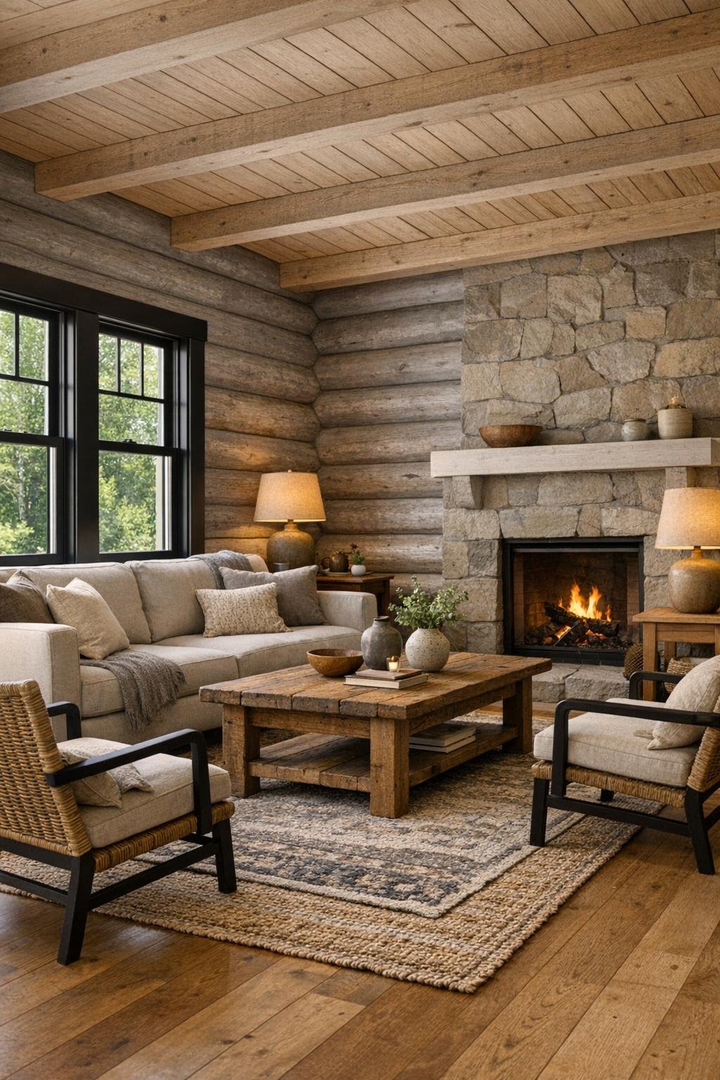 Bright living room with gray log walls, soft neutral furniture, a fireplace, and black-trimmed windows