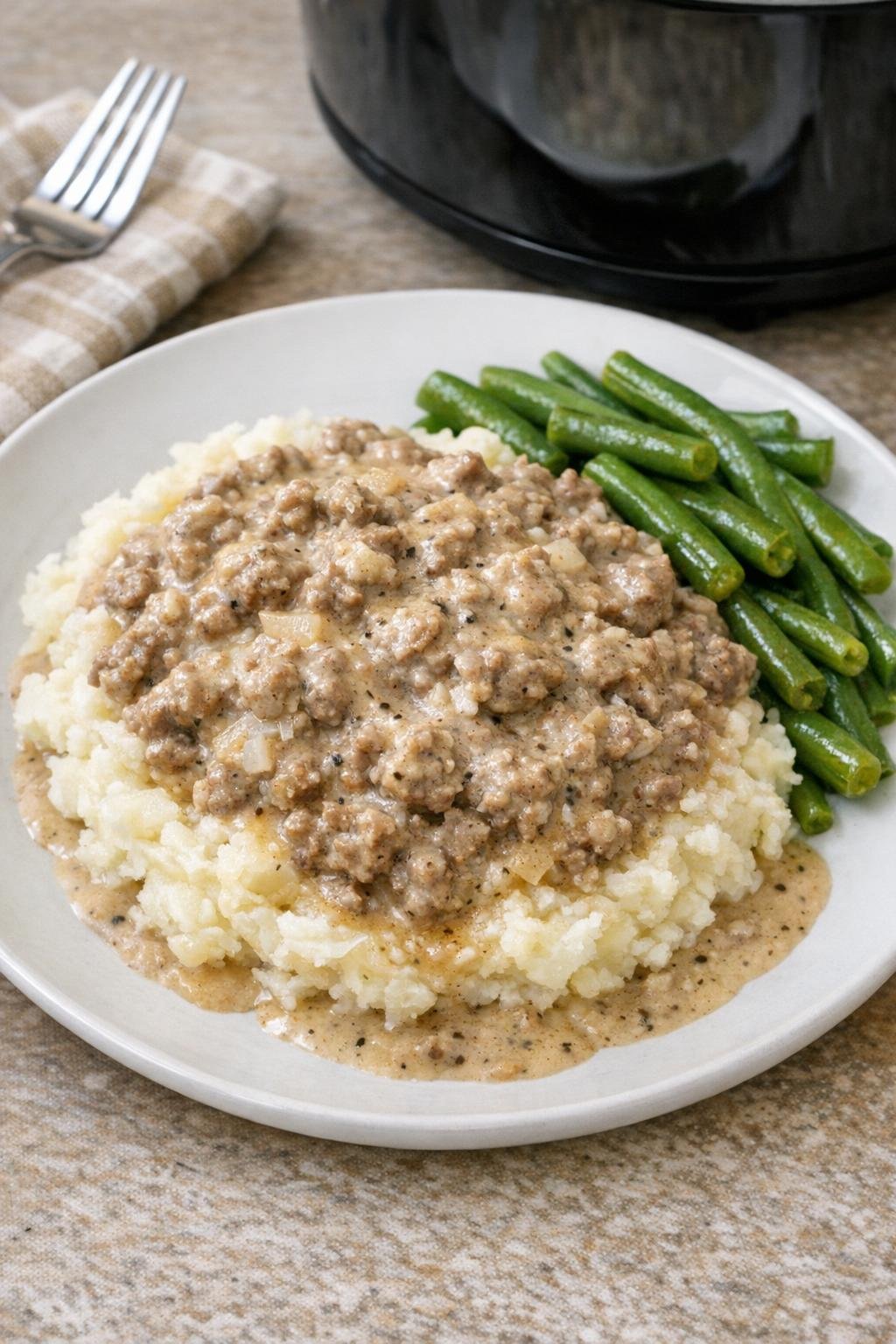 Finished creamy beef dinner plated with mashed potatoes