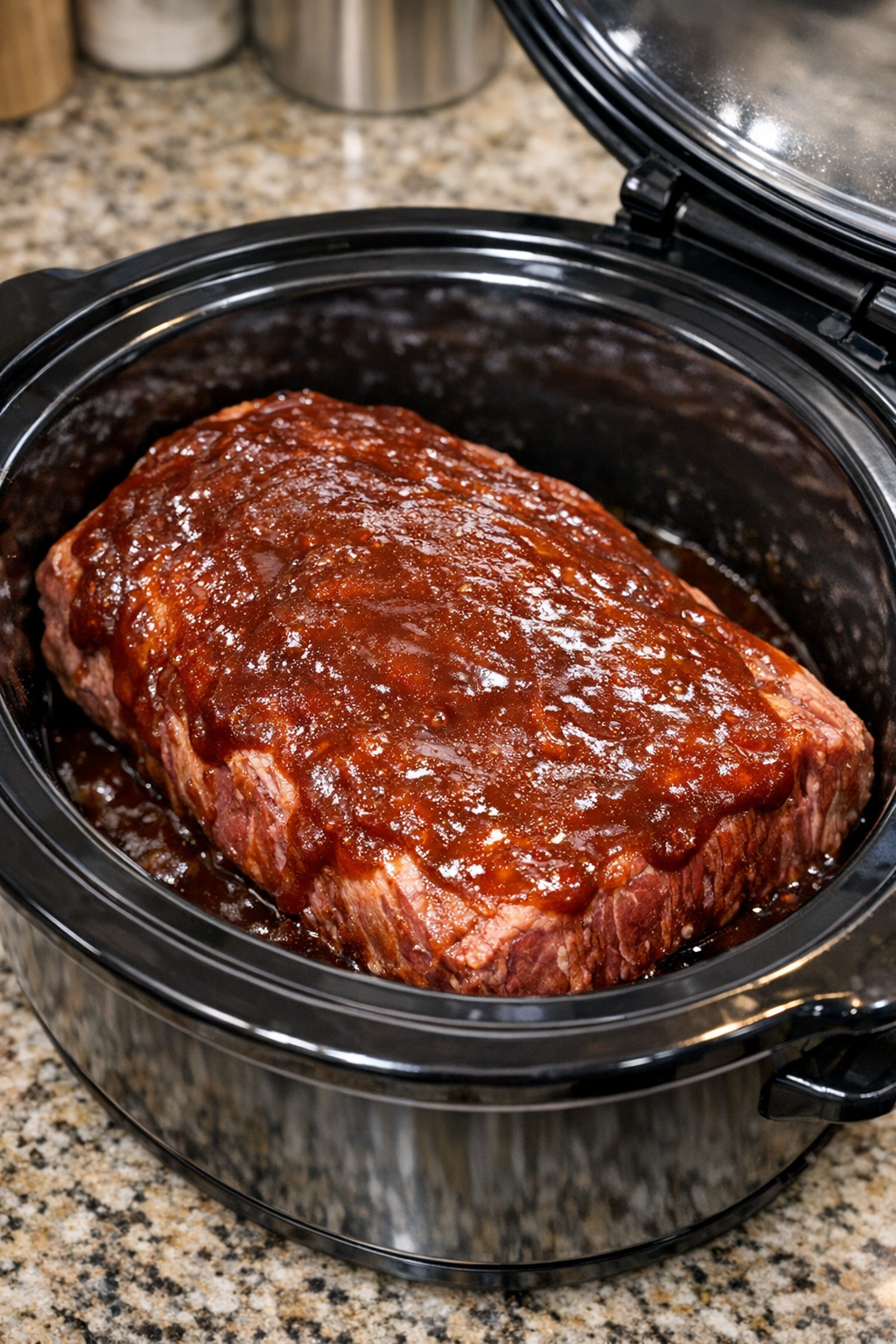 Brisket in slow cooker covered with barbecue sauce