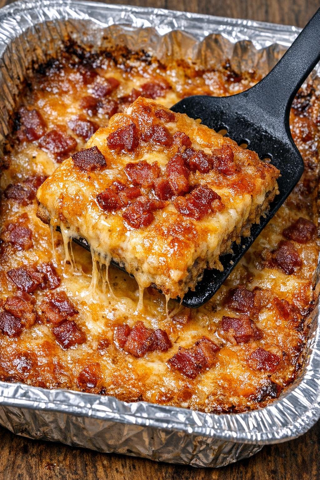 Low carb bacon Huntington bakes in a foil tray