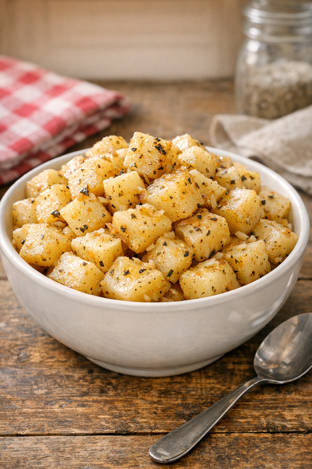 Finished slow cooker potatoes in a serving bowl