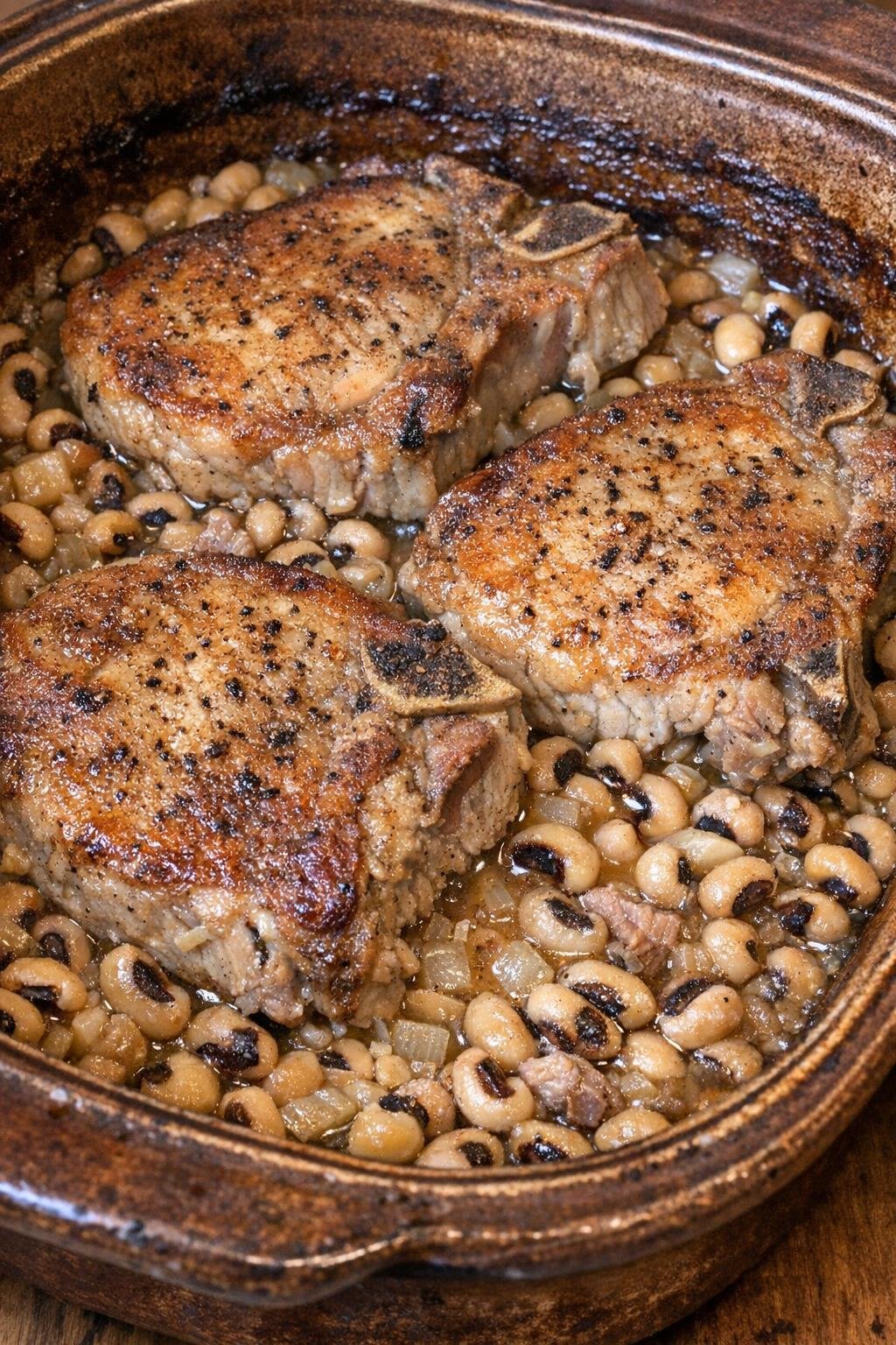 Baked pork chops over black eyed peas in a brown casserole dish
