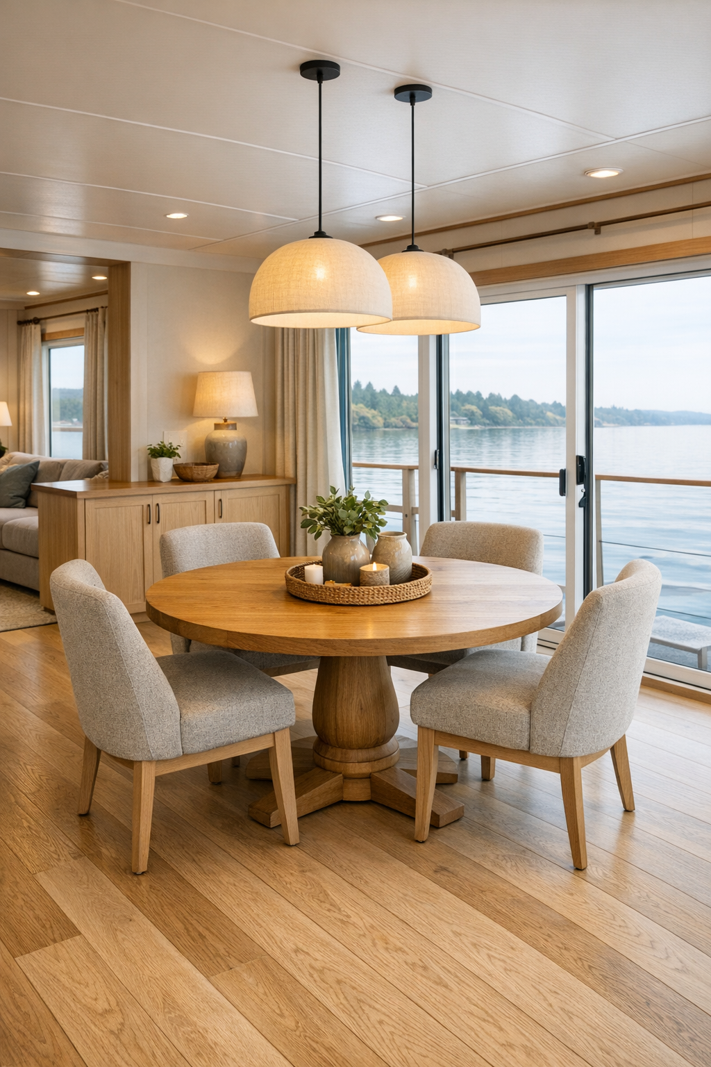 Accessible dining room with round oak pedestal table, upholstered chairs, and soft pendant lighting