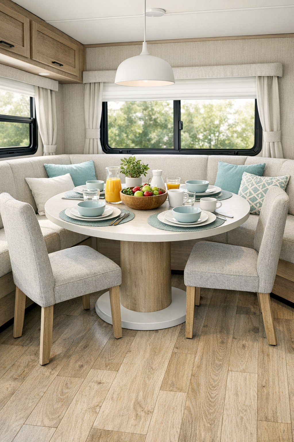 Accessible RV dining area with rounded table and linen seating