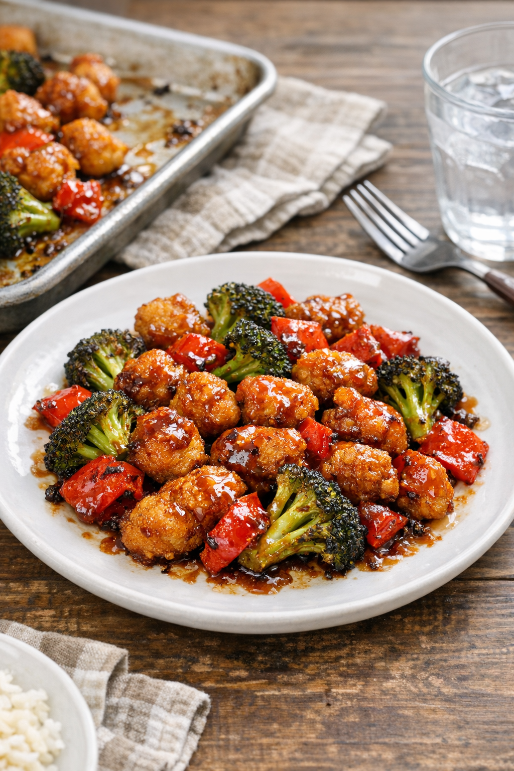 Finished popcorn chicken sheet pan dinner