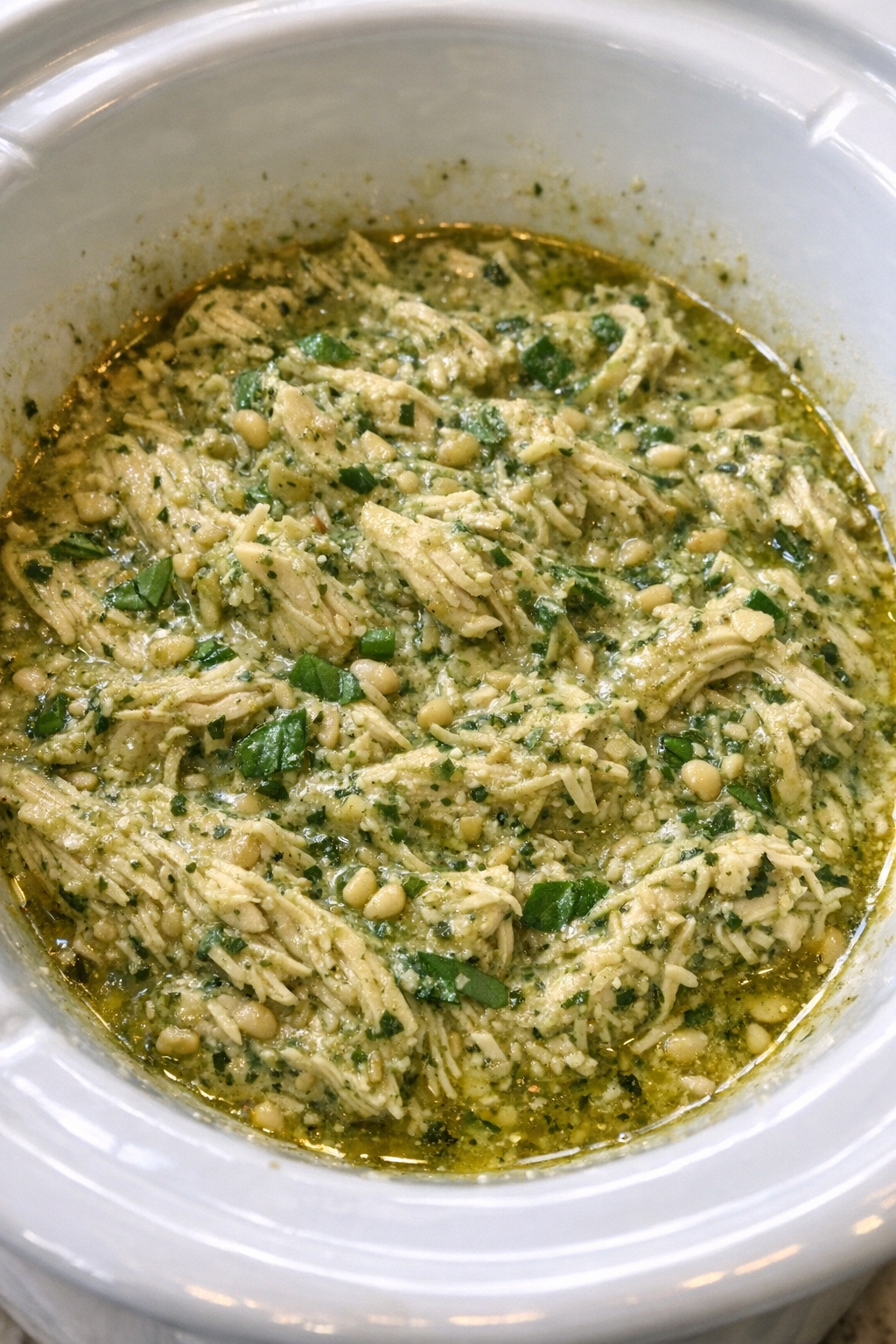 Slow cooker creamy pesto chicken in a white slow cooker