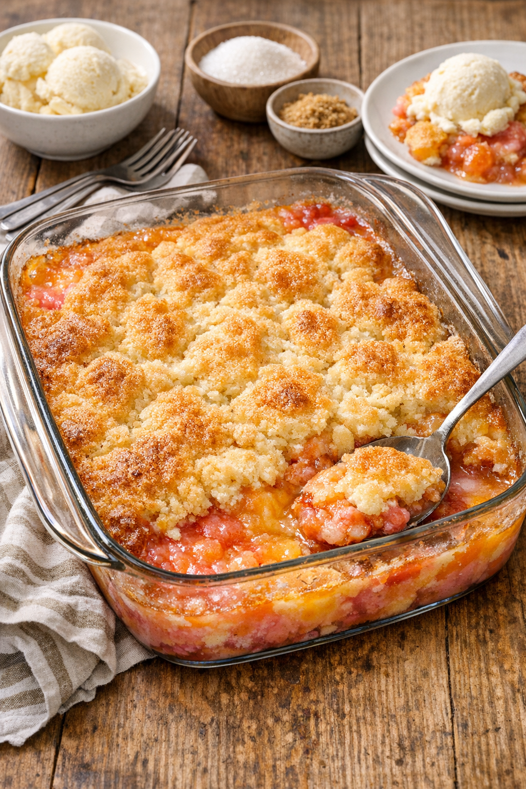 Finished baked sherbet dessert in a glass baking dish
