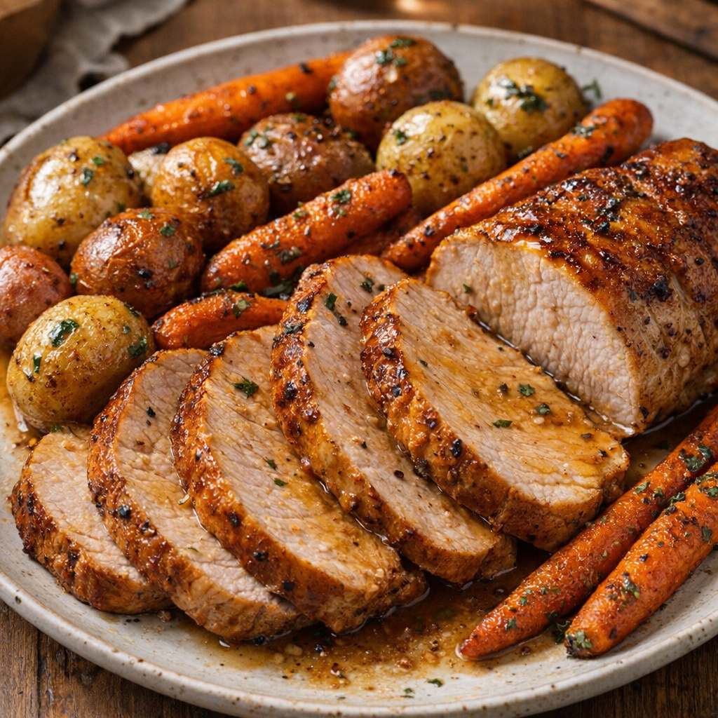 Thicker sliced pork loin version served with roasted carrots and potatoes