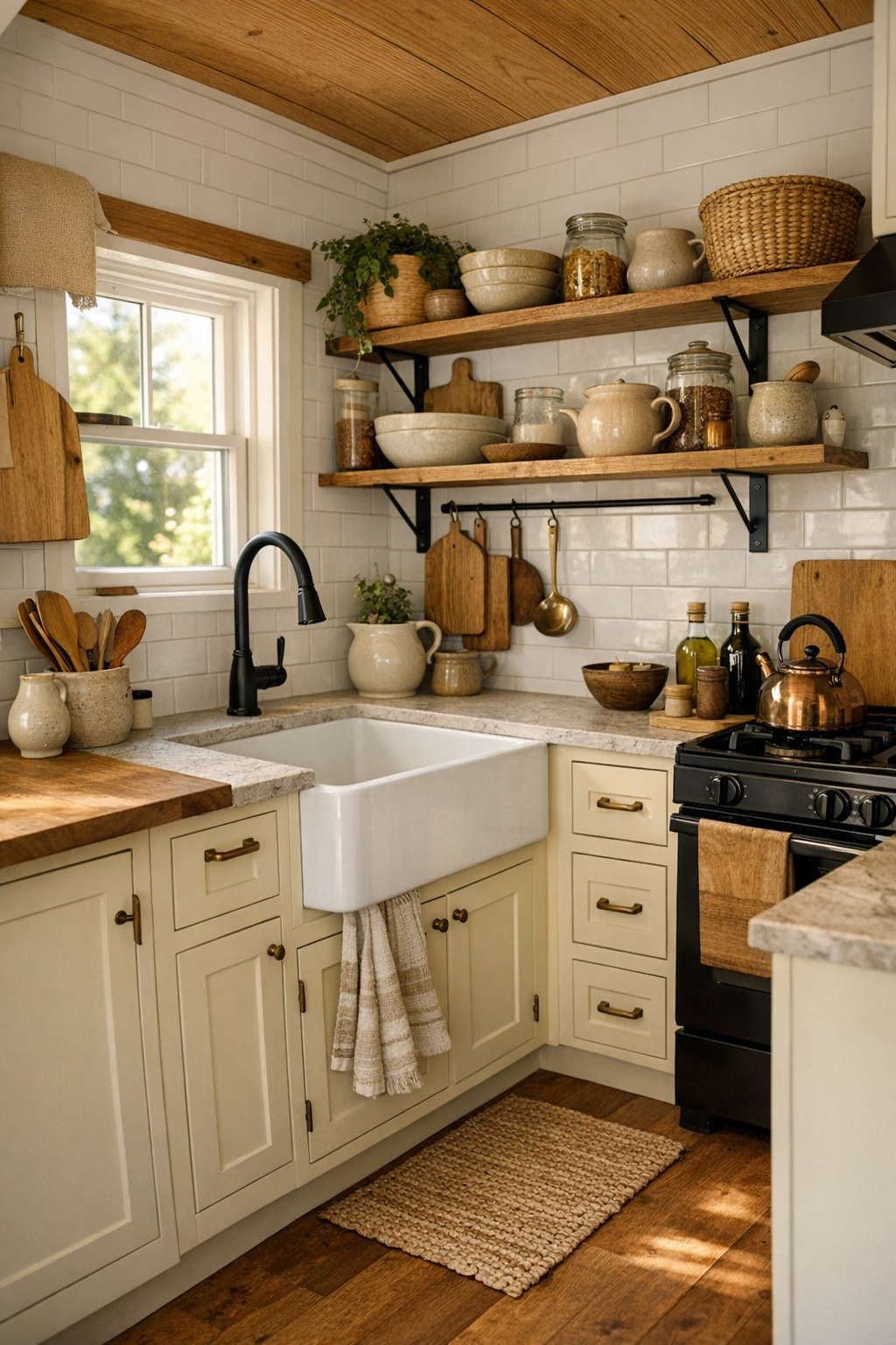 Bright handcrafted tiny home kitchen with buttermilk cabinets, apron sink, and warm wood details
