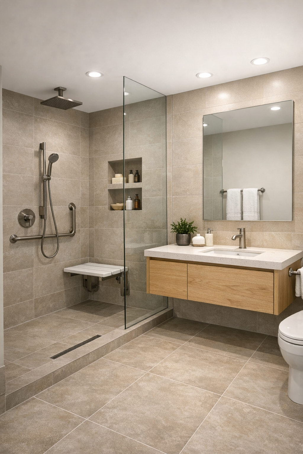 Warm modern bathroom with curbless shower and light oak vanity