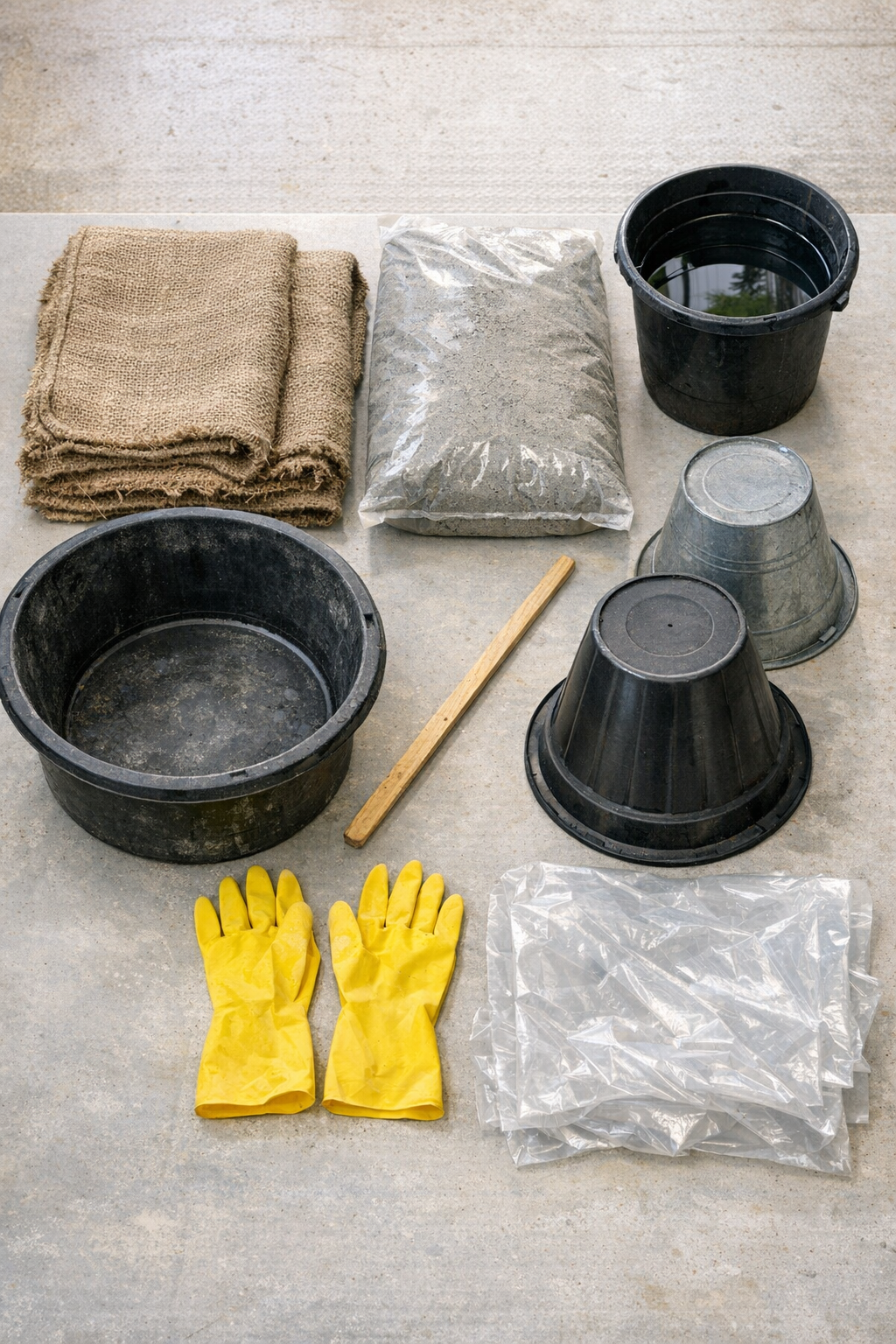 Burlap potato sacks, cement, water, and shaping containers laid out for the project