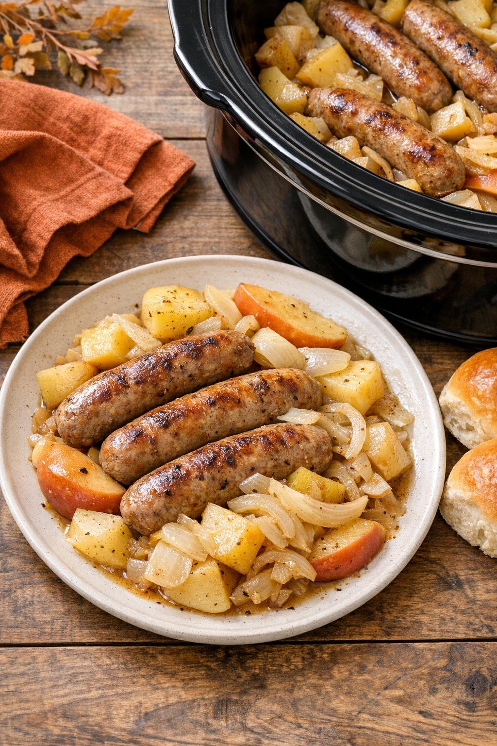 Finished slow cooker bratwurst dinner plated in a cozy fall setting