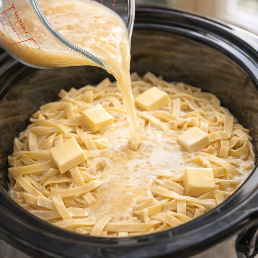 Cream mixture being poured over pasta in slow cooker
