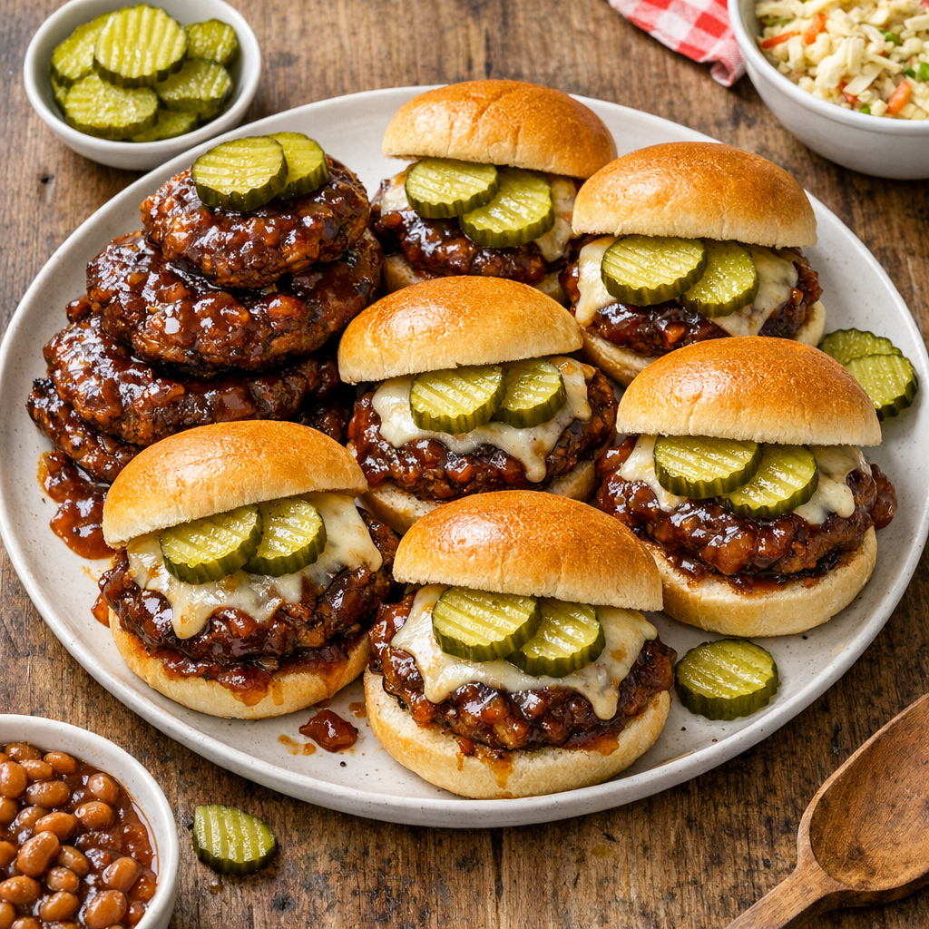 Finished slow cooker beef slider patties served on buns