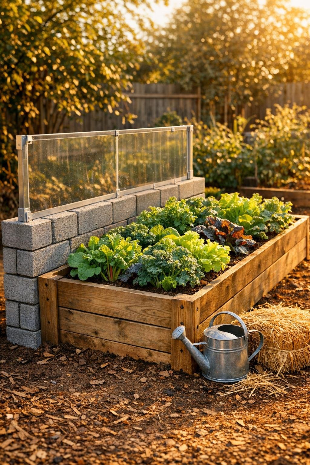 Finished raised bed windbreak made from stacked cinder blocks in a fall garden
