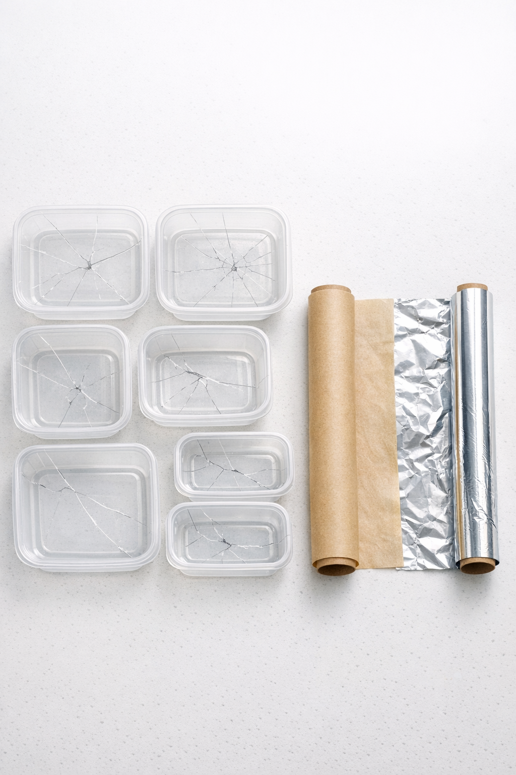 Cracked plastic food containers, parchment paper, and aluminum foil laid out for the project