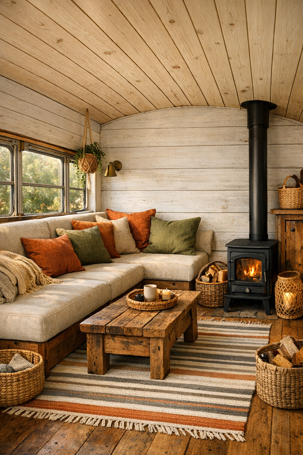 Rustic bus living room with built-in bench seating and warm wood finishes