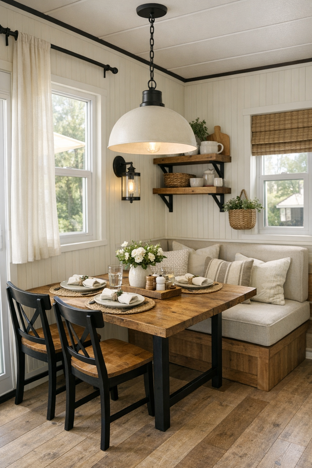 Compact farmhouse dining area with a wood table, simple chairs, and soft pendant lighting