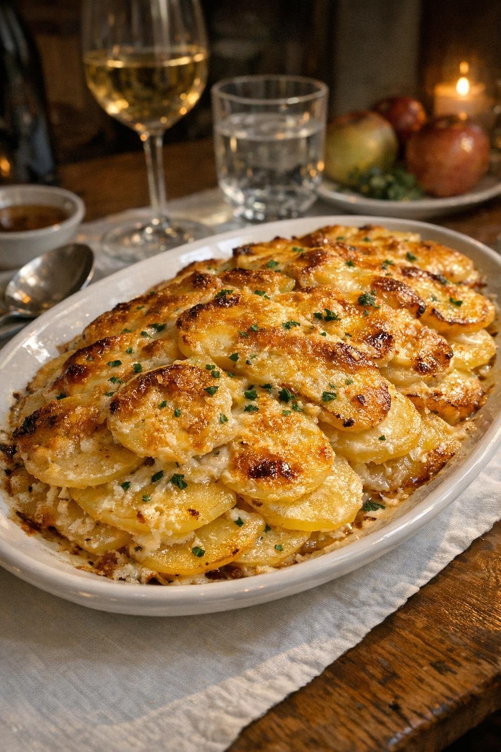 Finished plated scalloped potatoes on a white serving platter