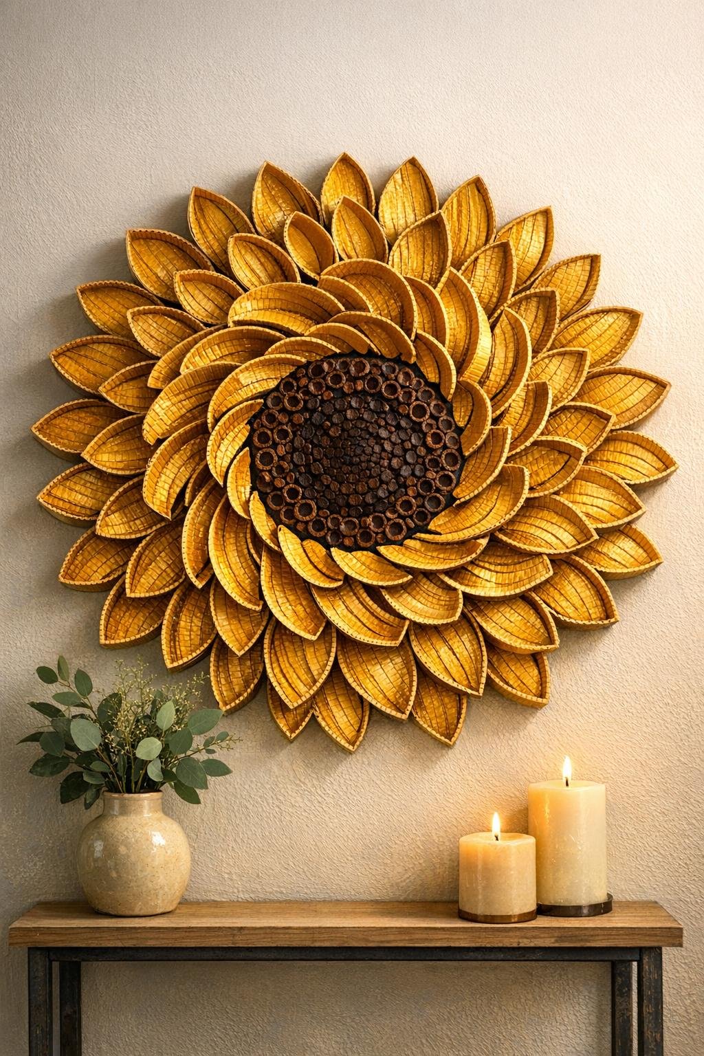 Finished sunflower wall art made from painted cardboard roll rings displayed on a wall
