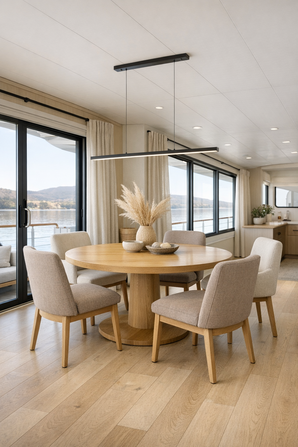 Accessible houseboat dining room with a light oak table, upholstered chairs, and wide circulation space