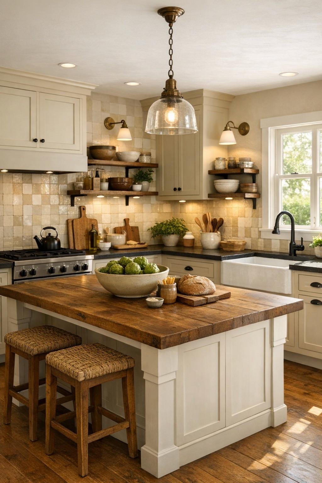 Creamy farmhouse kitchen with wood island and dark counters