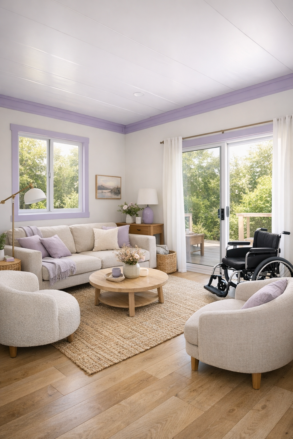 Bright accessible living room with pale oak floors, soft lavender accents, and wide open circulation