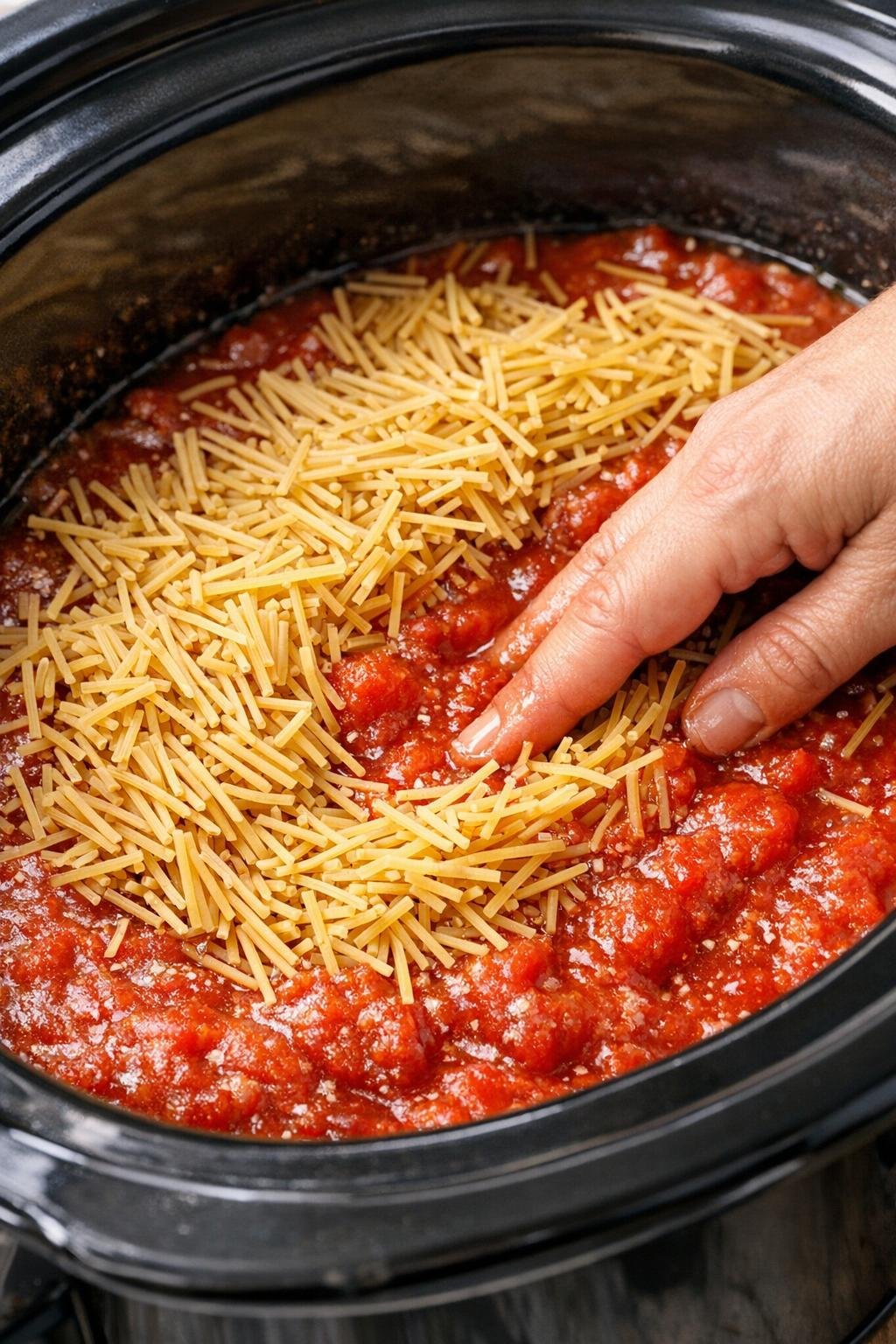 Broken capellini added to sauce in slow cooker