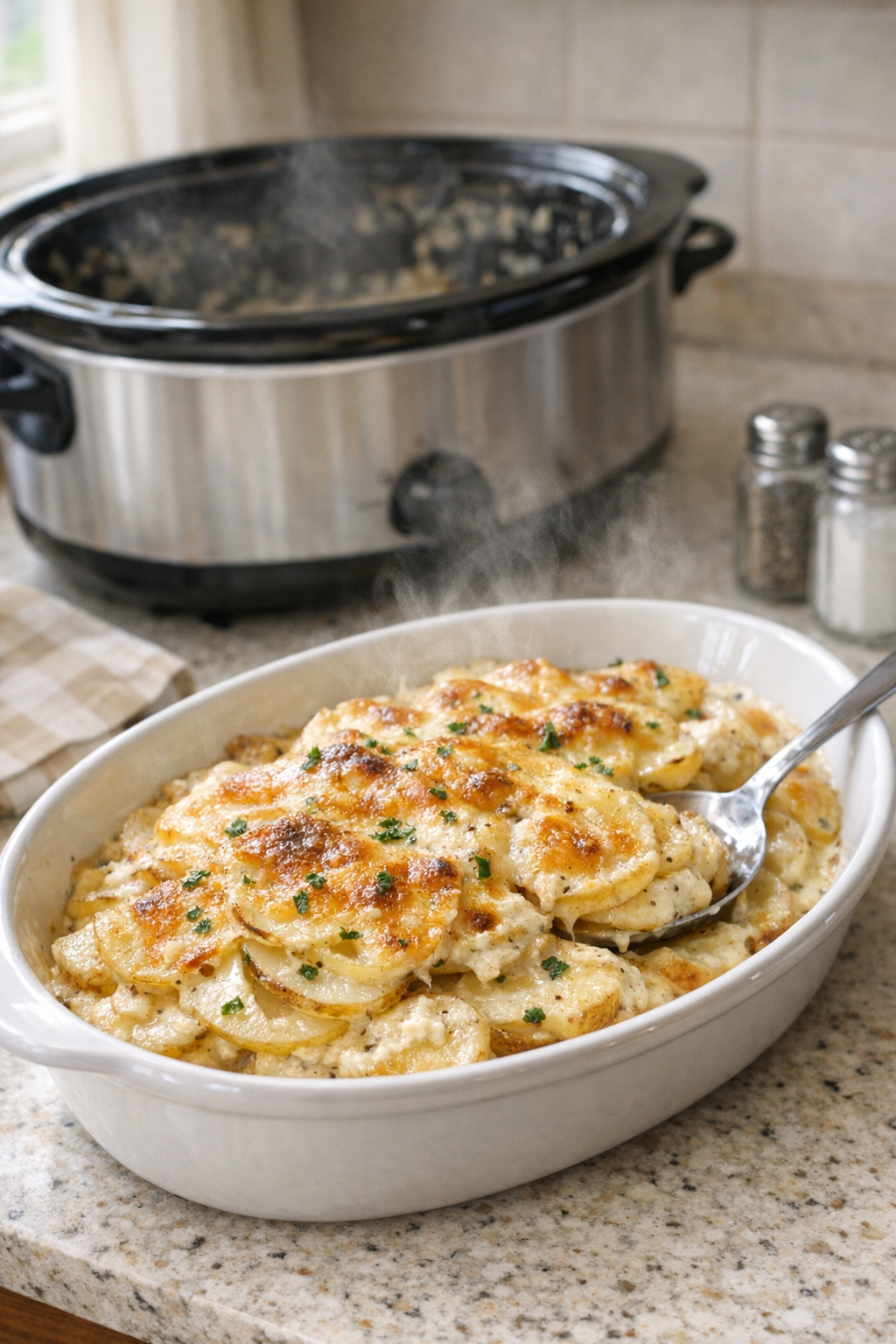 Finished creamy scalloped potatoes served from the slow cooker