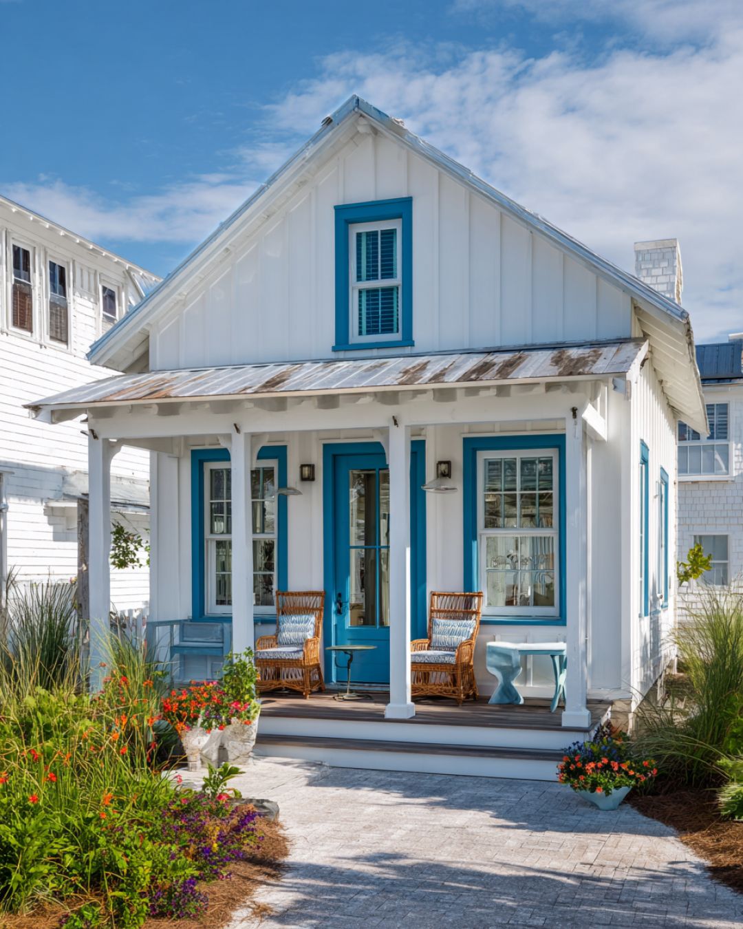 Take a stroll inside this white seaside cottage with cheerful blue trim ...